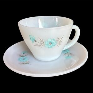 Fire King Bonnie Blue Teacup and Saucer Set White and Blue Floral Milk Glass